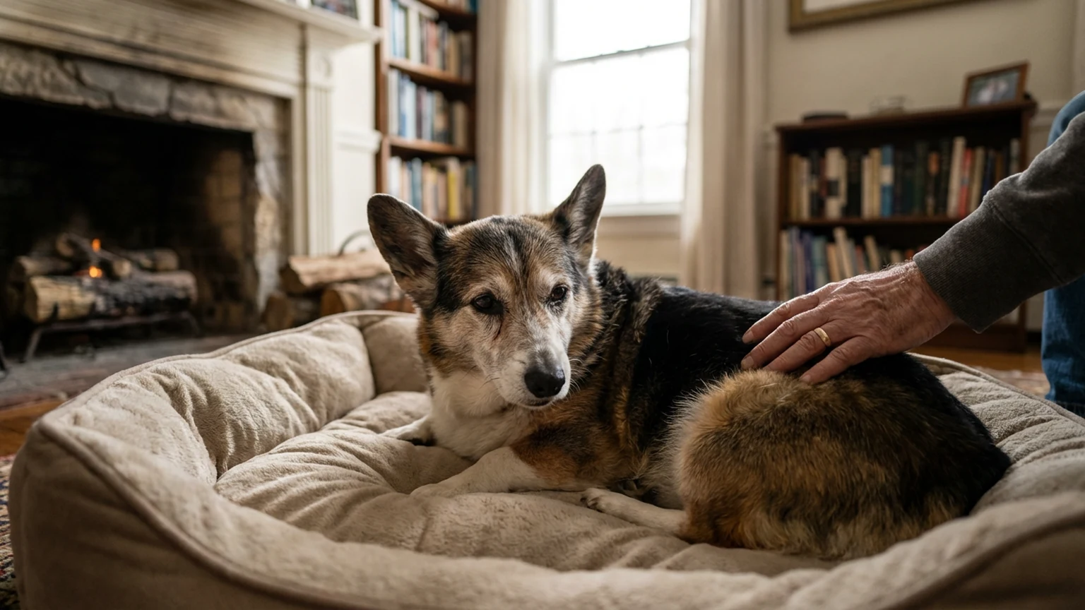 Senior dog resting comfortably on an orthopedic bed