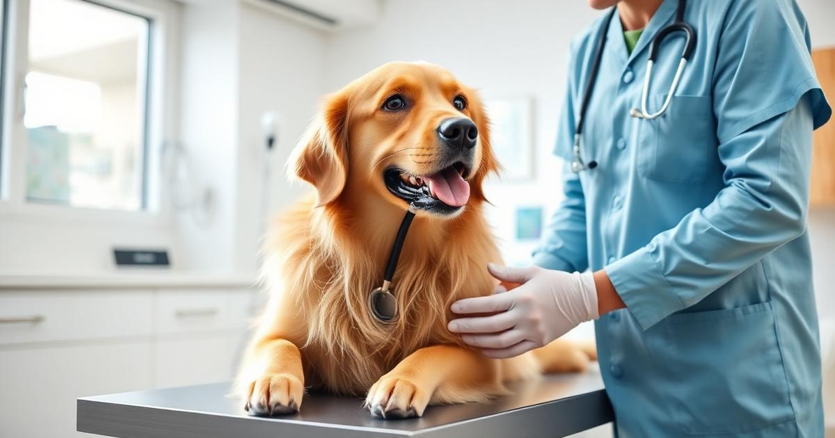 Veterinarian examining a golden retriever with a stethoscope in a modern clinic