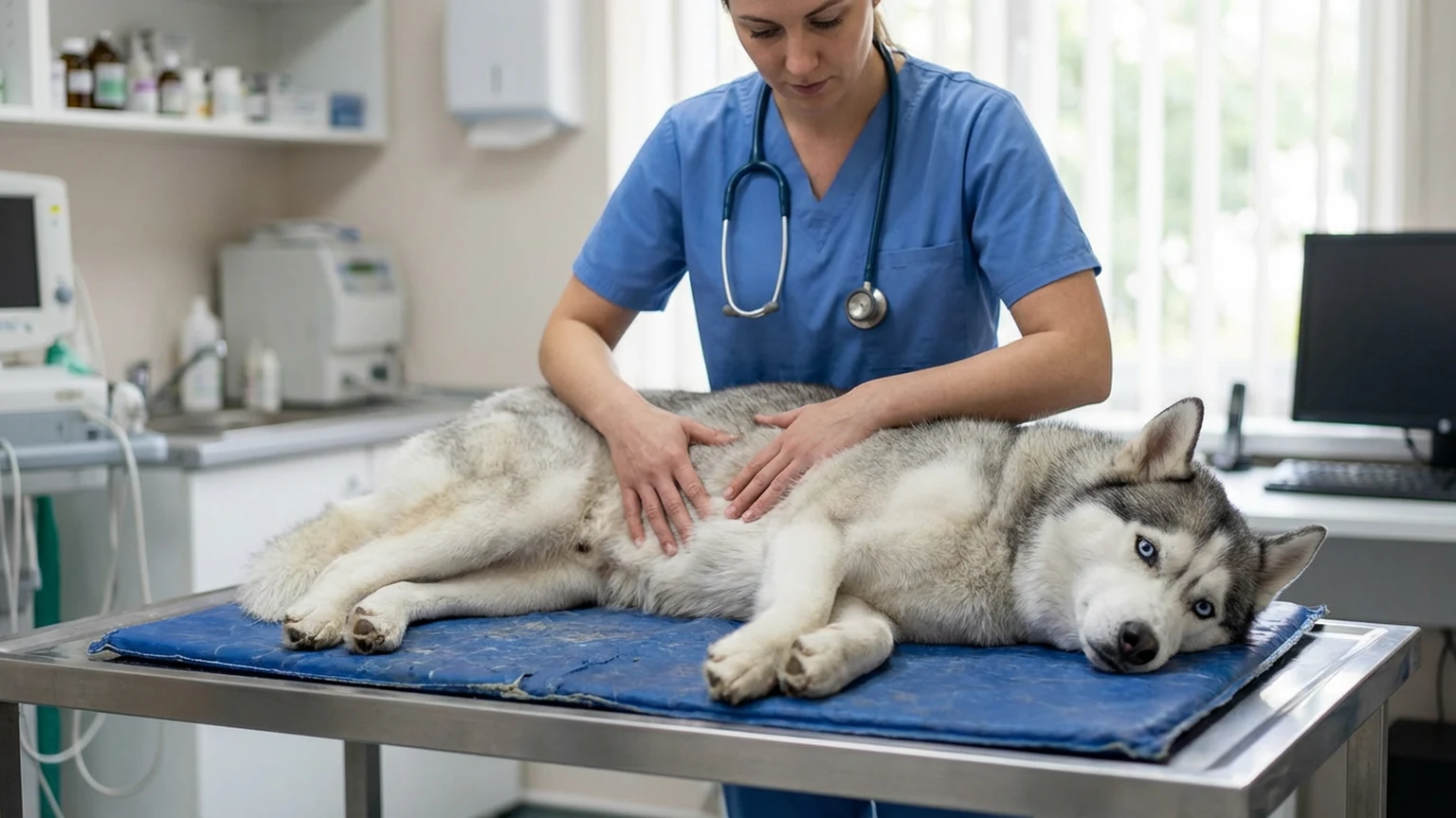 Veterinarian examining a golden retriever during a health checkup