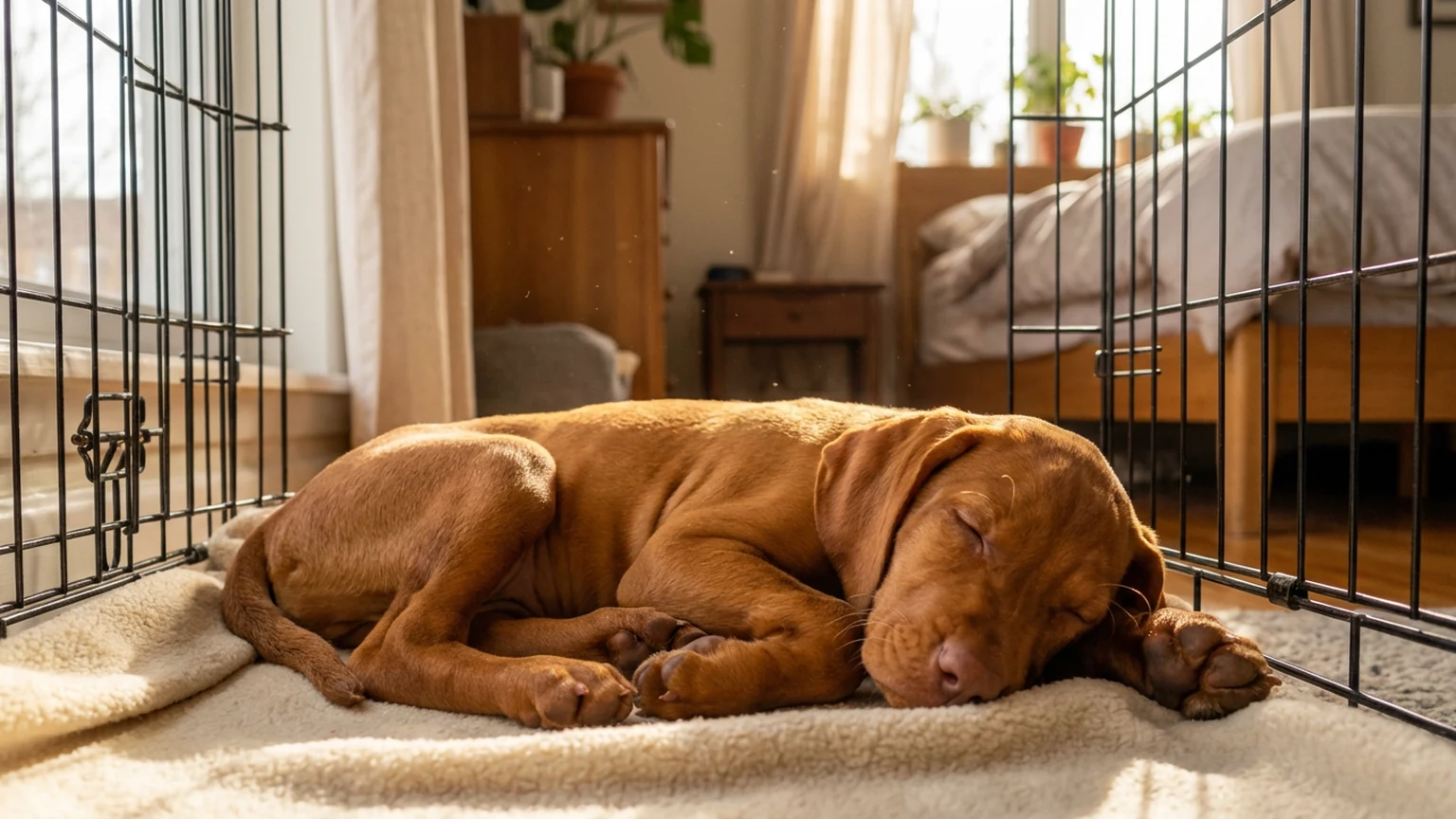 Happy labrador sitting comfortably inside an open wire crate