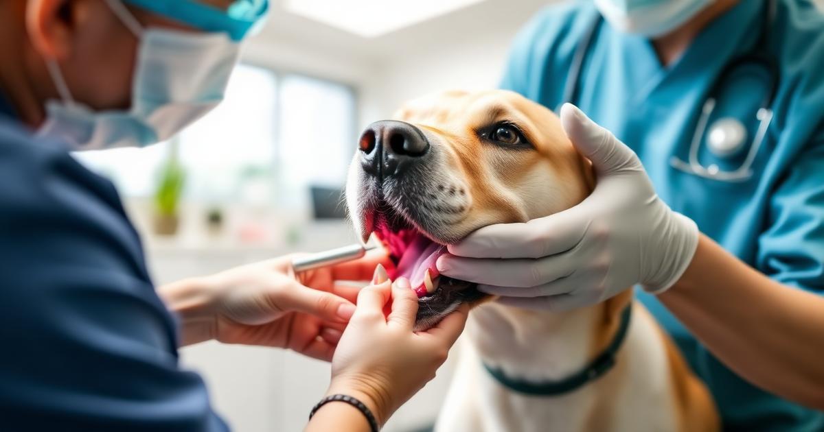 Veterinarian examining a labrador's teeth and gums during a dental checkup
