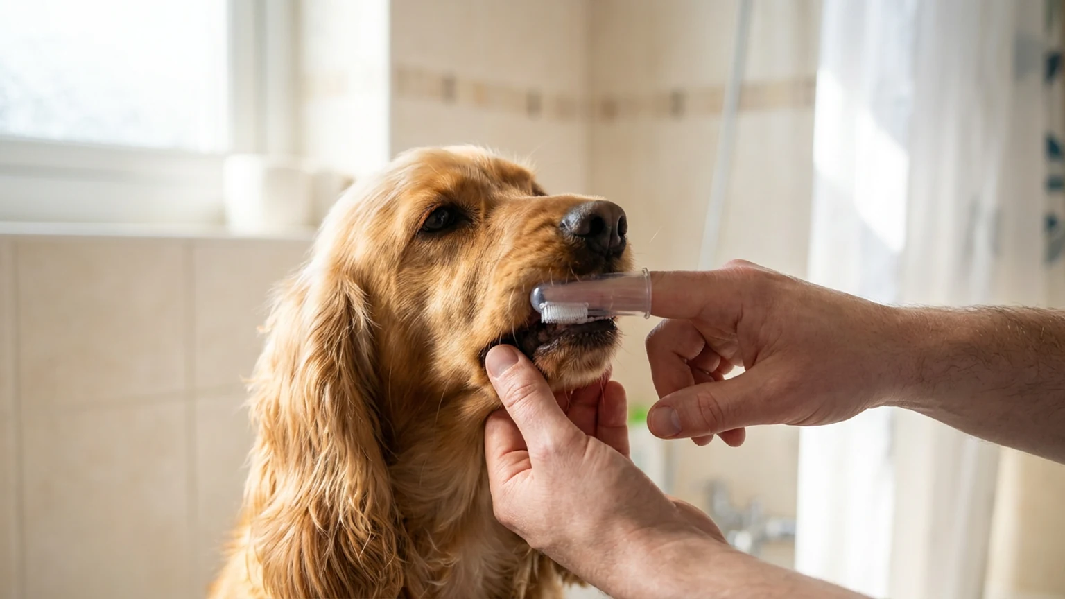 Owner brushing a golden retriever's teeth with a pet toothbrush