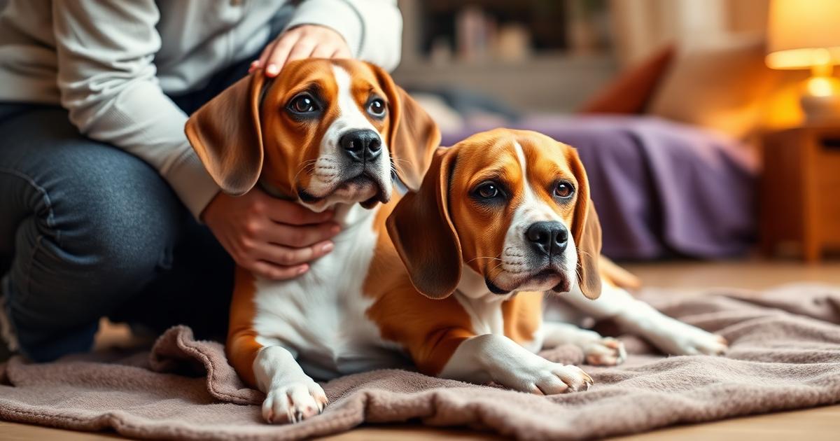 Concerned pet owner checking on a resting beagle at home