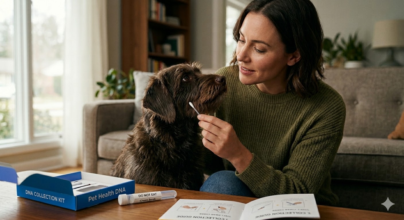 Golden retriever having a cheek swab taken for a dog DNA test kit