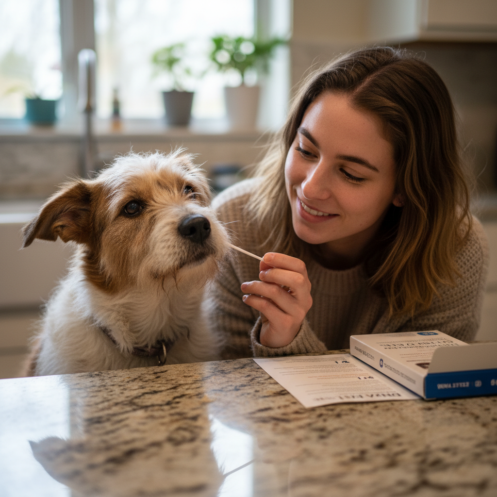 Golden retriever having a cheek swab taken for a dog DNA test kit