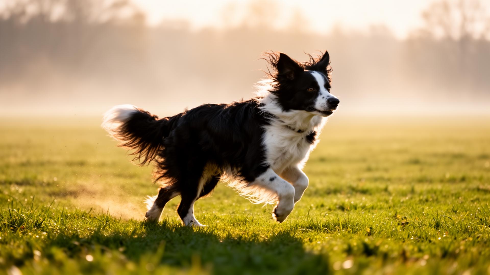 Border collie running at full speed through an open field