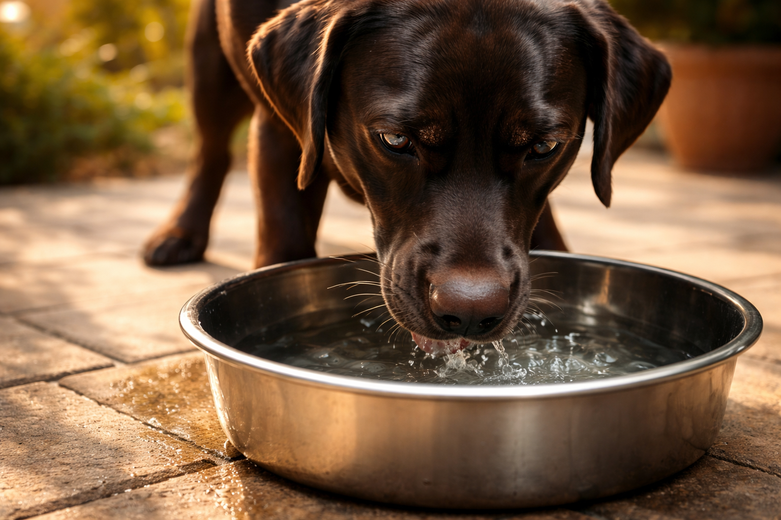 Labrador retriever drinking water from a stainless steel bowl on a patio