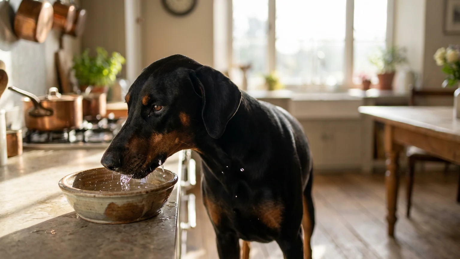Labrador retriever drinking water from a stainless steel bowl on a patio