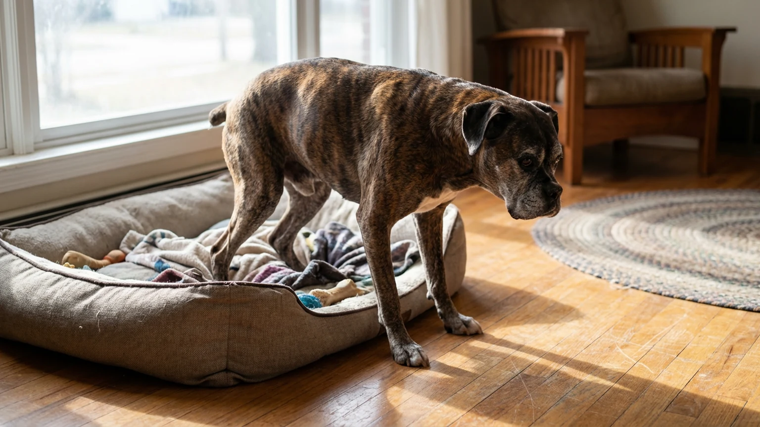 Older German shepherd walking on a trail at golden hour