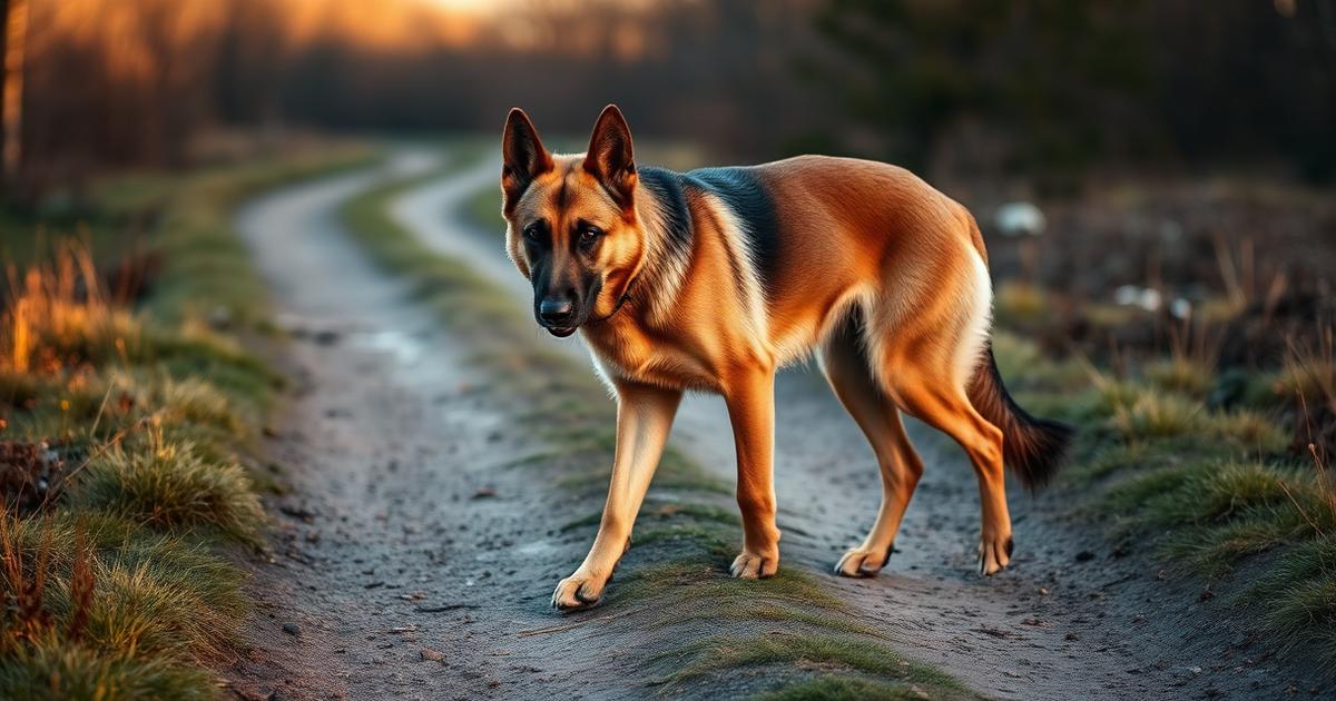 Older German shepherd walking on a trail at golden hour showing joint mobility