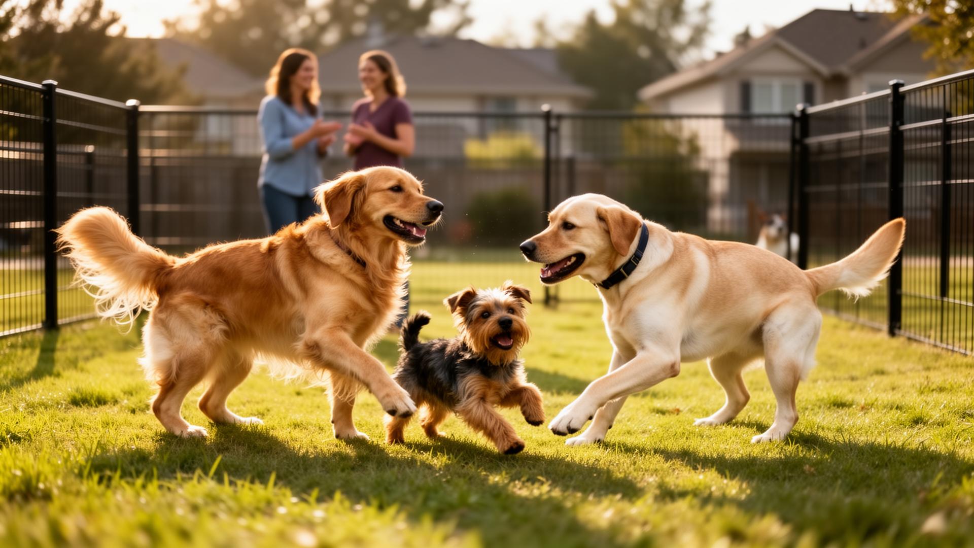 Multiple dog breeds playing together in a fenced dog park