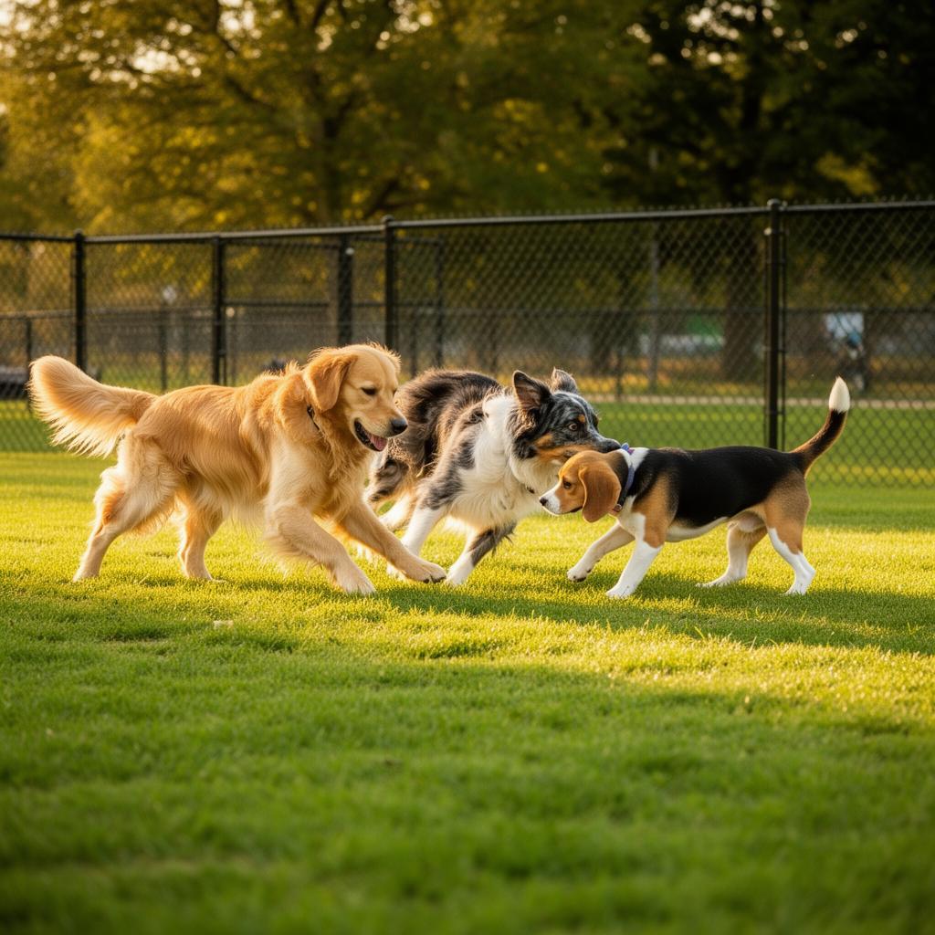 Multiple dog breeds playing together in a fenced dog park