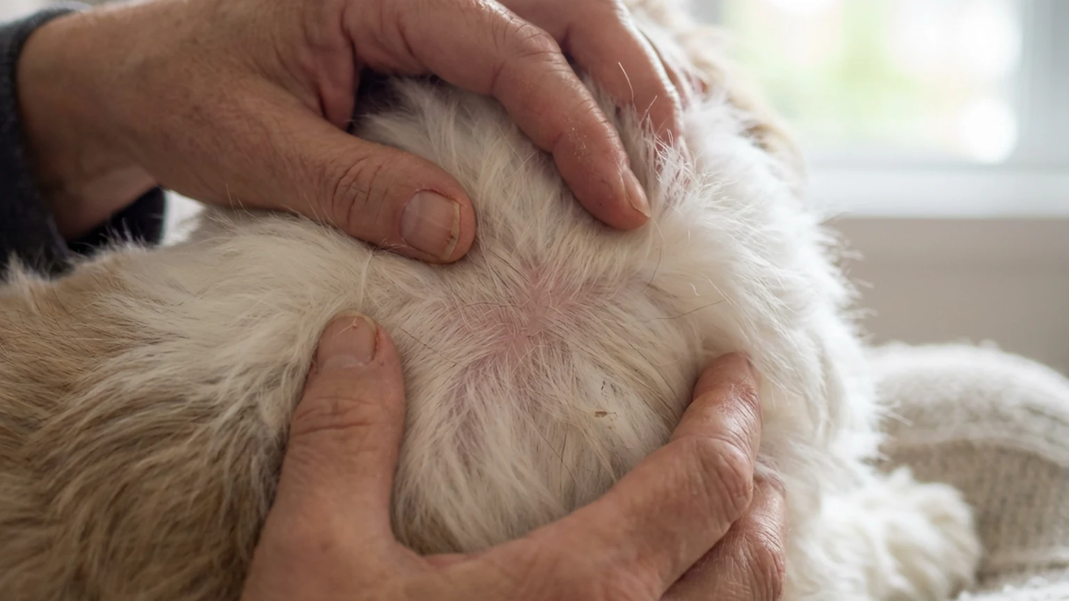 Veterinarian examining a dog's skin closely