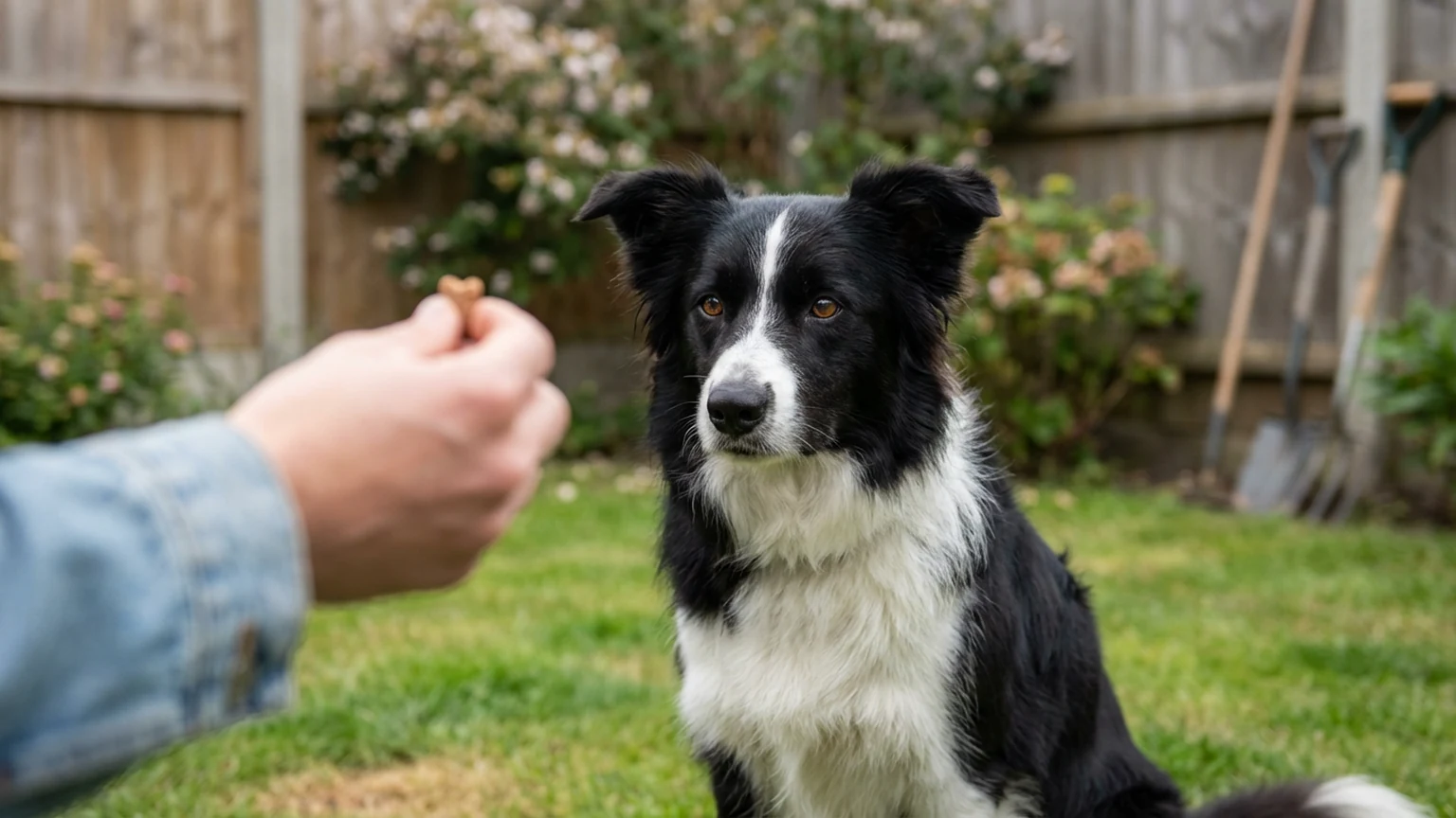 Border collie performing a sit-stay command in a sunny park