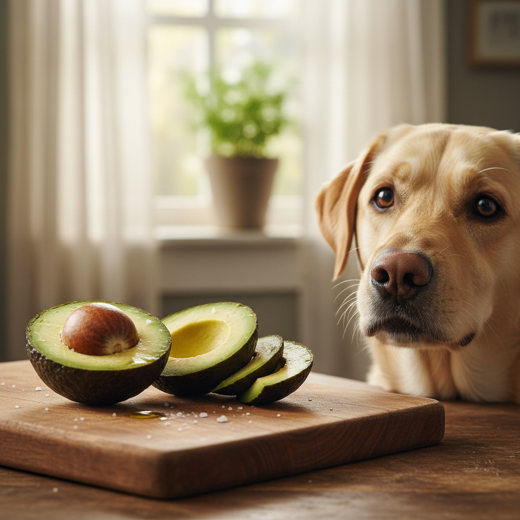 Halved avocado showing pit on a cutting board