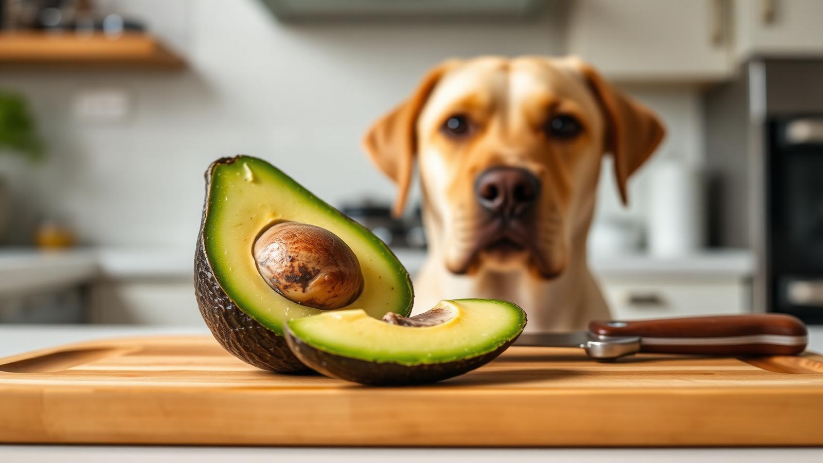 Halved avocado showing pit on a cutting board