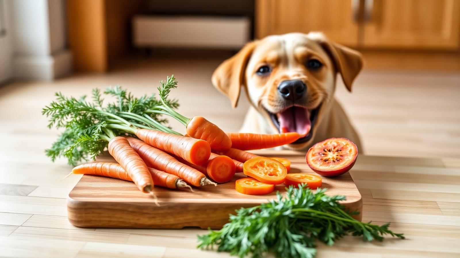Whole carrots and carrot slices on a wood cutting board