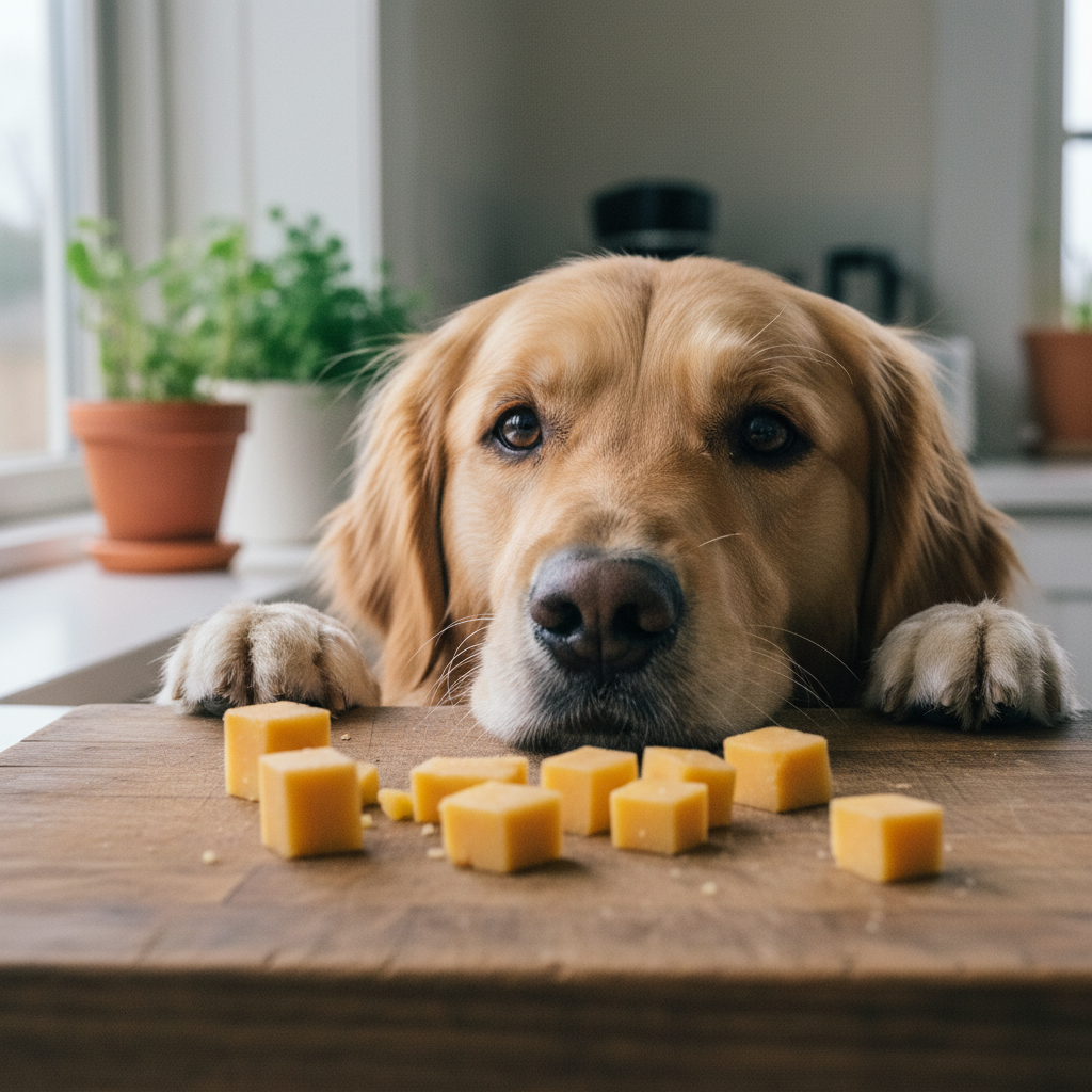 Wooden board with cubes of cheddar and mozzarella cheese with a happy beagle waiting in the background