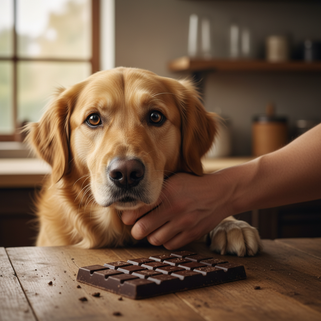 Dark chocolate broken into pieces on a wooden board with a watchful labrador in the background