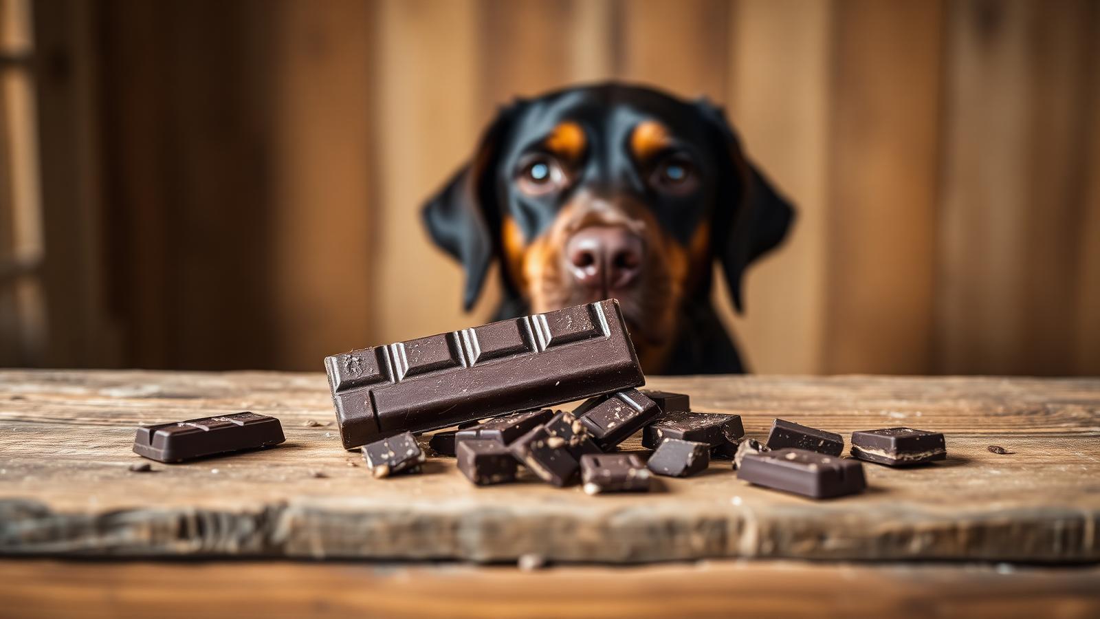 Dark chocolate broken into pieces on a wooden board with a watchful labrador in the background