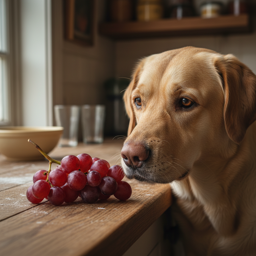 Cluster of grapes and raisins on a white plate with a curious beagle in the background