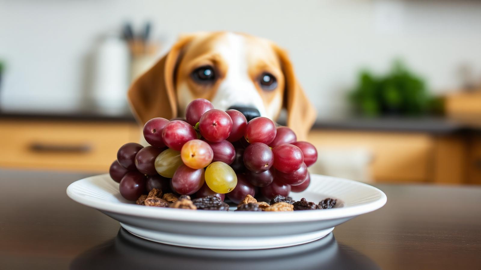 Cluster of grapes and raisins on a white plate with a curious beagle in the background