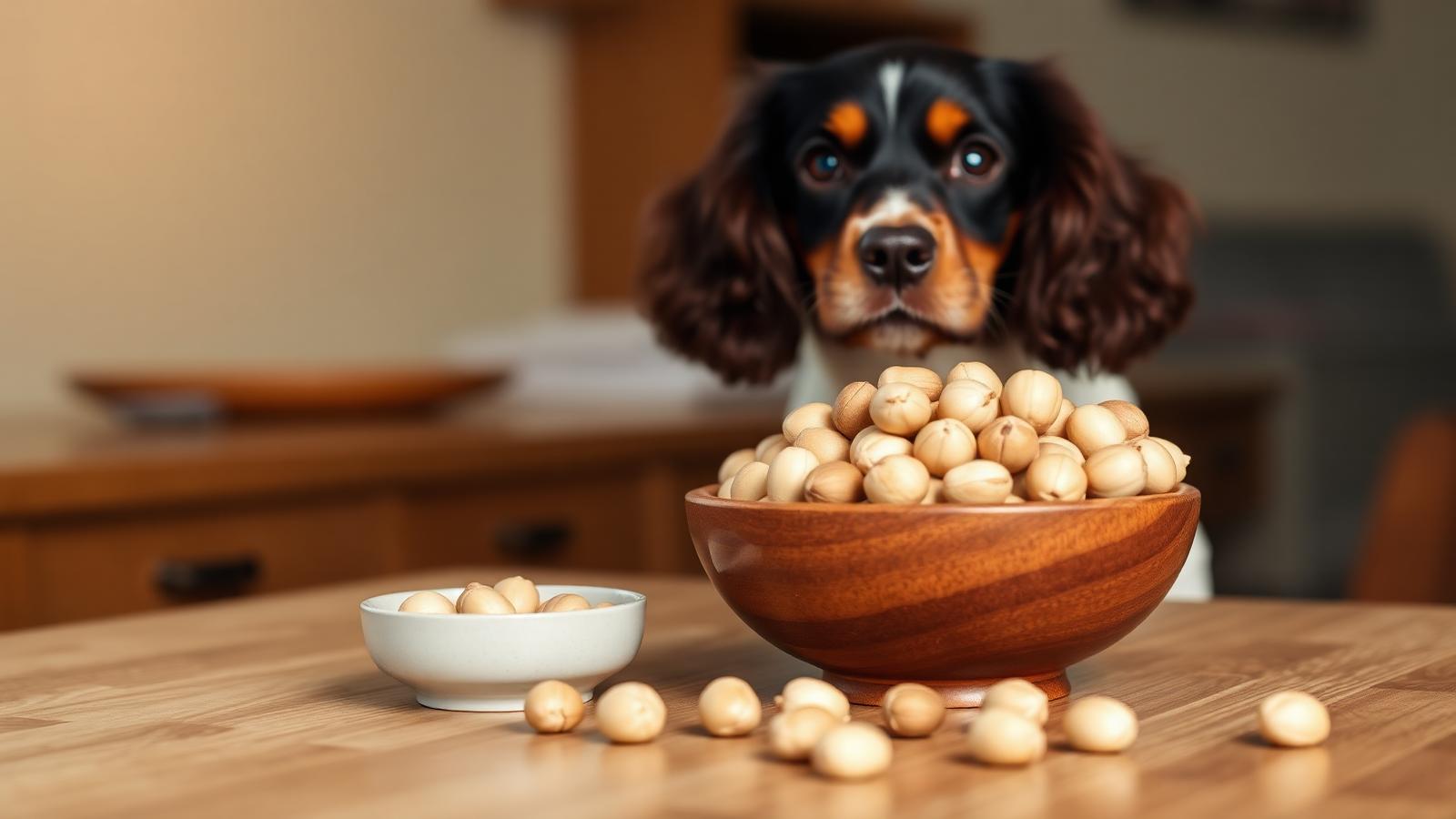 Bowl of macadamia nuts on a wooden table