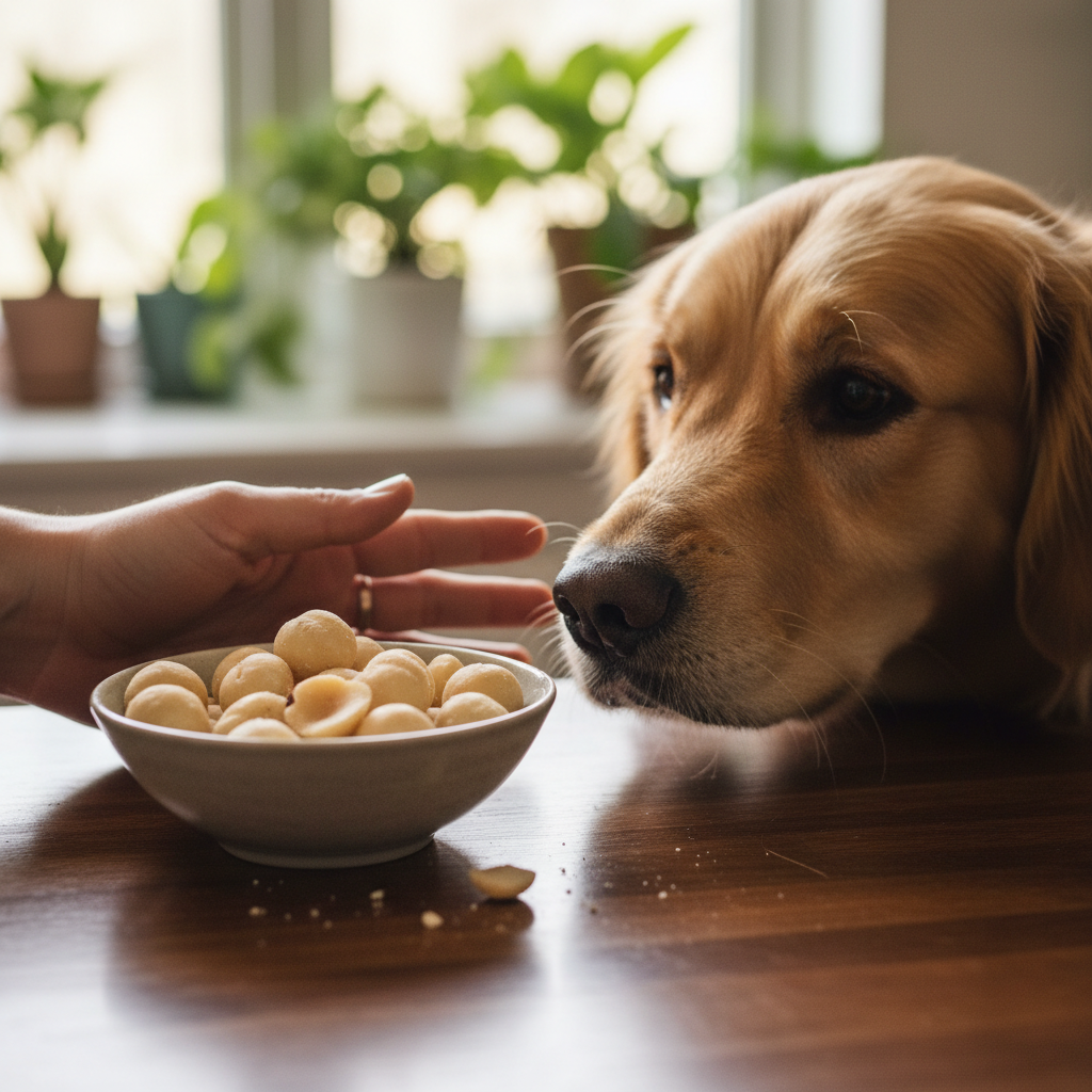 Bowl of macadamia nuts on a wooden table