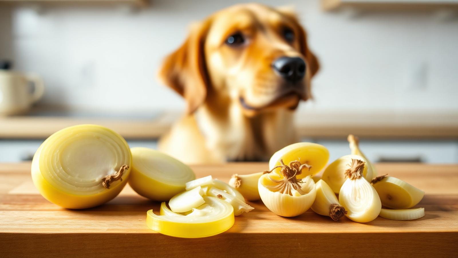 Sliced onions and garlic cloves on a wooden cutting board
