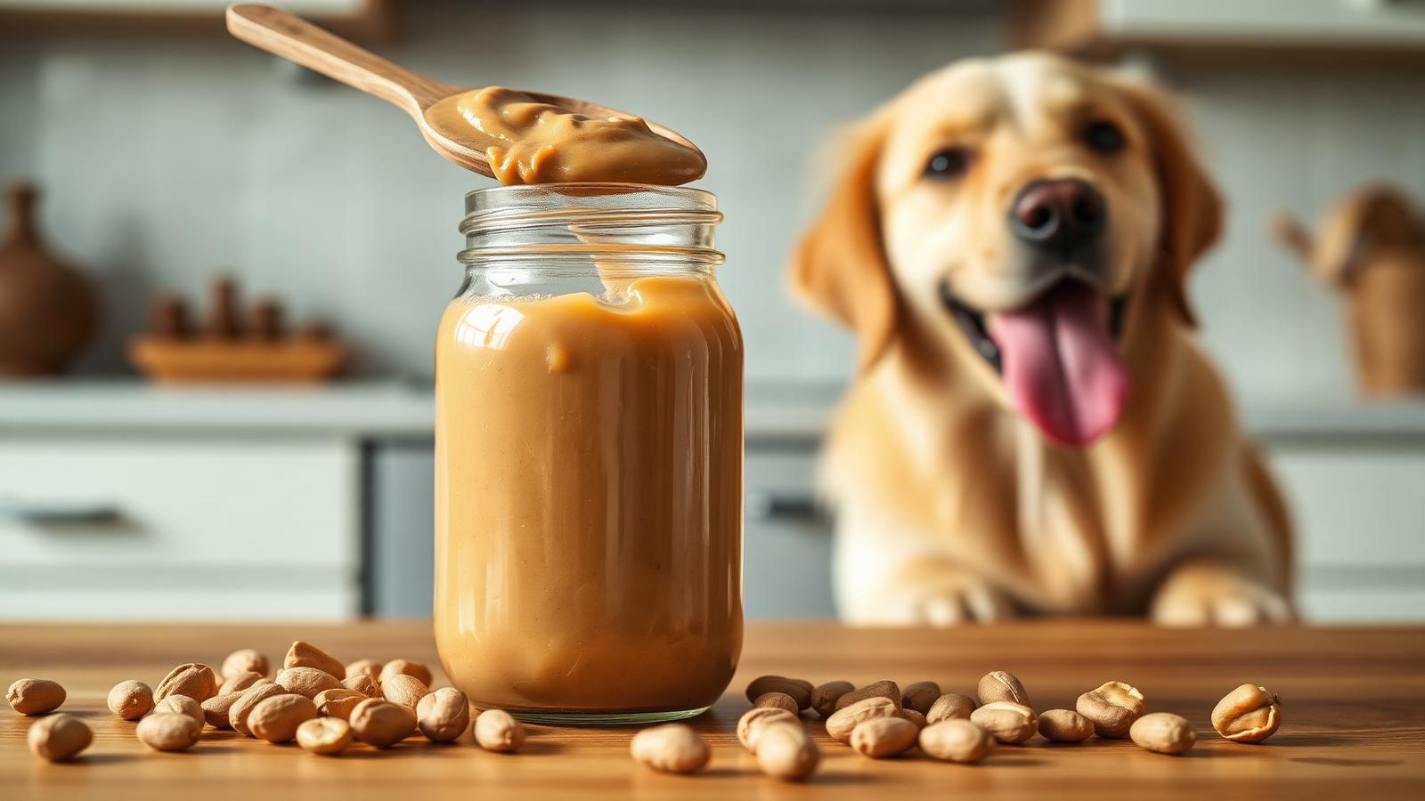 Open glass jar of natural peanut butter with a wooden spoon and a happy golden retriever in the background