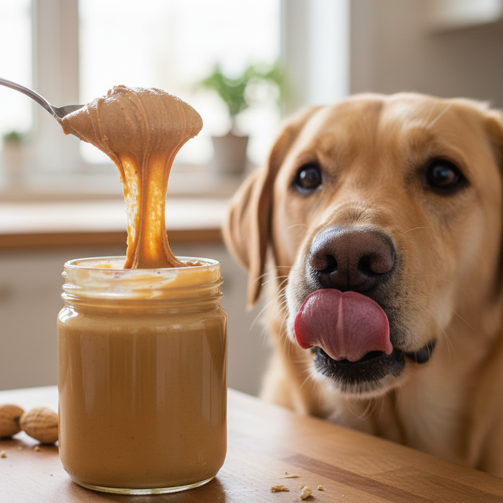 Open glass jar of natural peanut butter with a wooden spoon and a happy golden retriever in the background