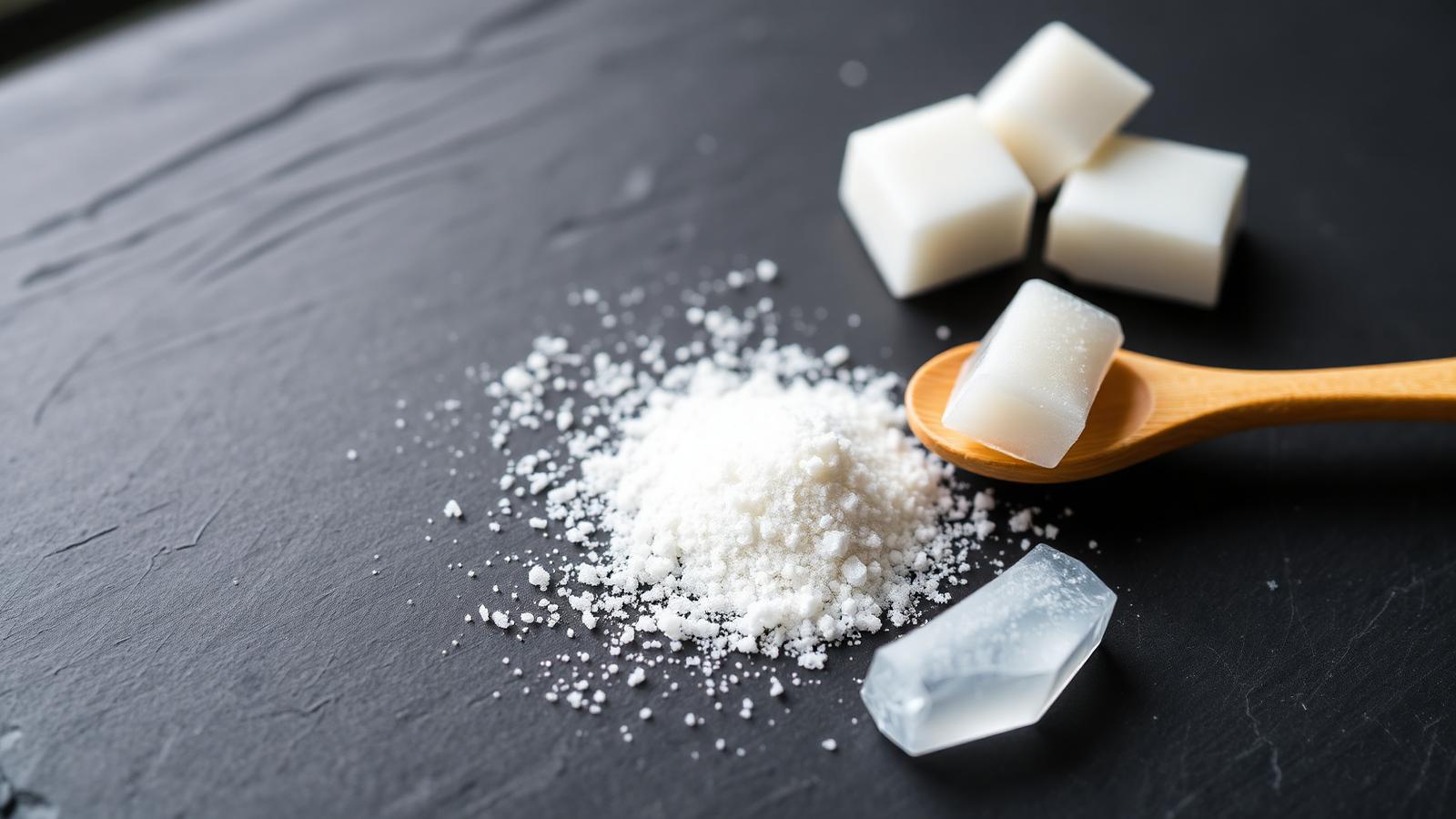 Pile of fine white xylitol crystalline sweetener on a clean slate surface