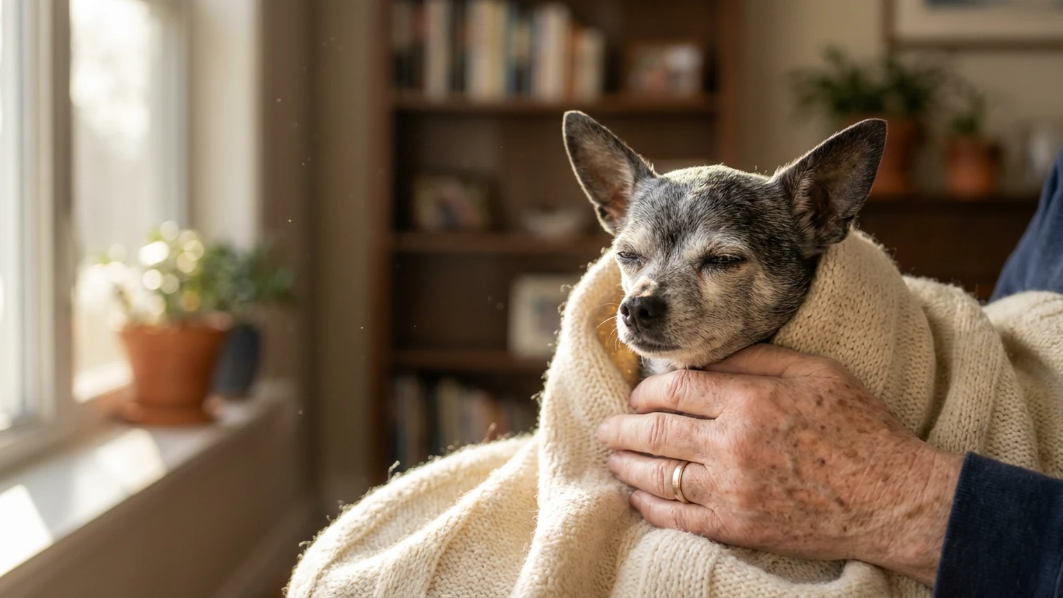Compassionate moment between pet owner and senior dog