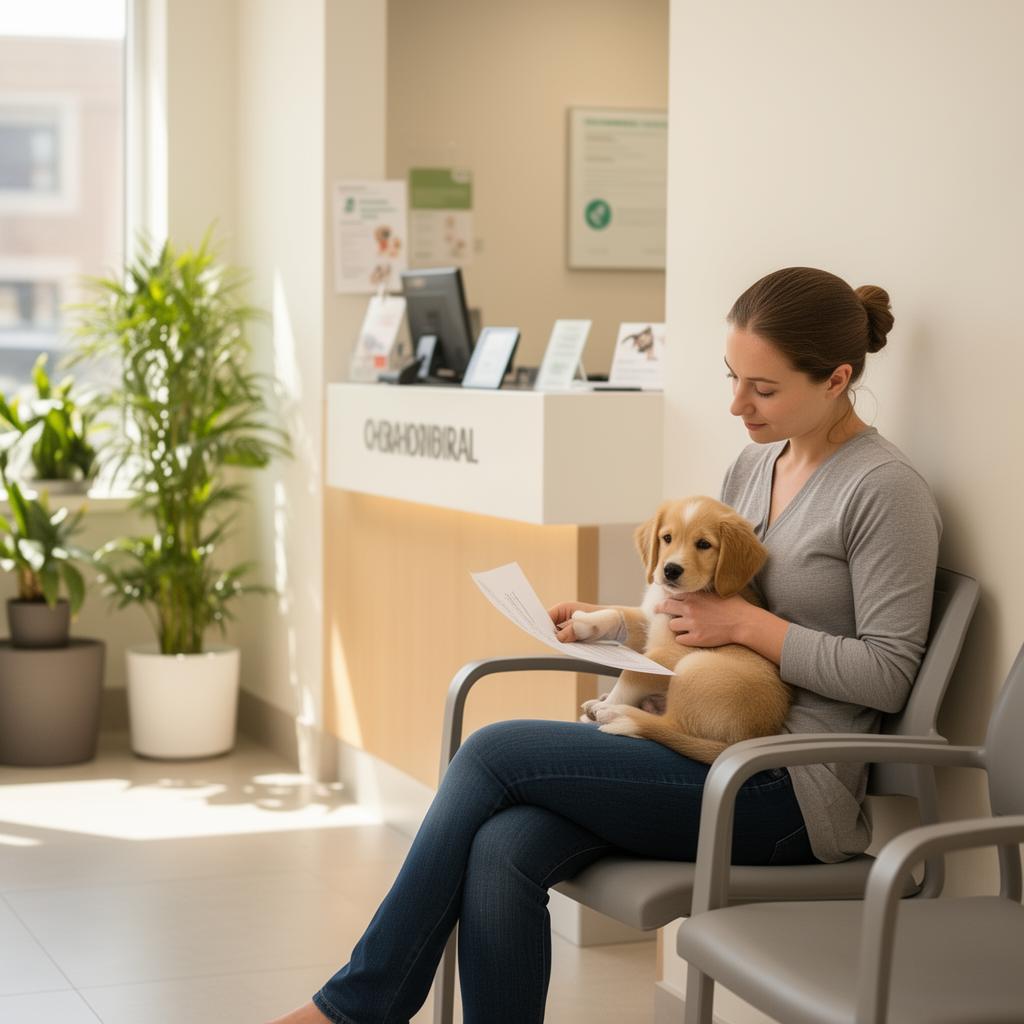 New pet owner holding a puppy in a veterinary clinic waiting room