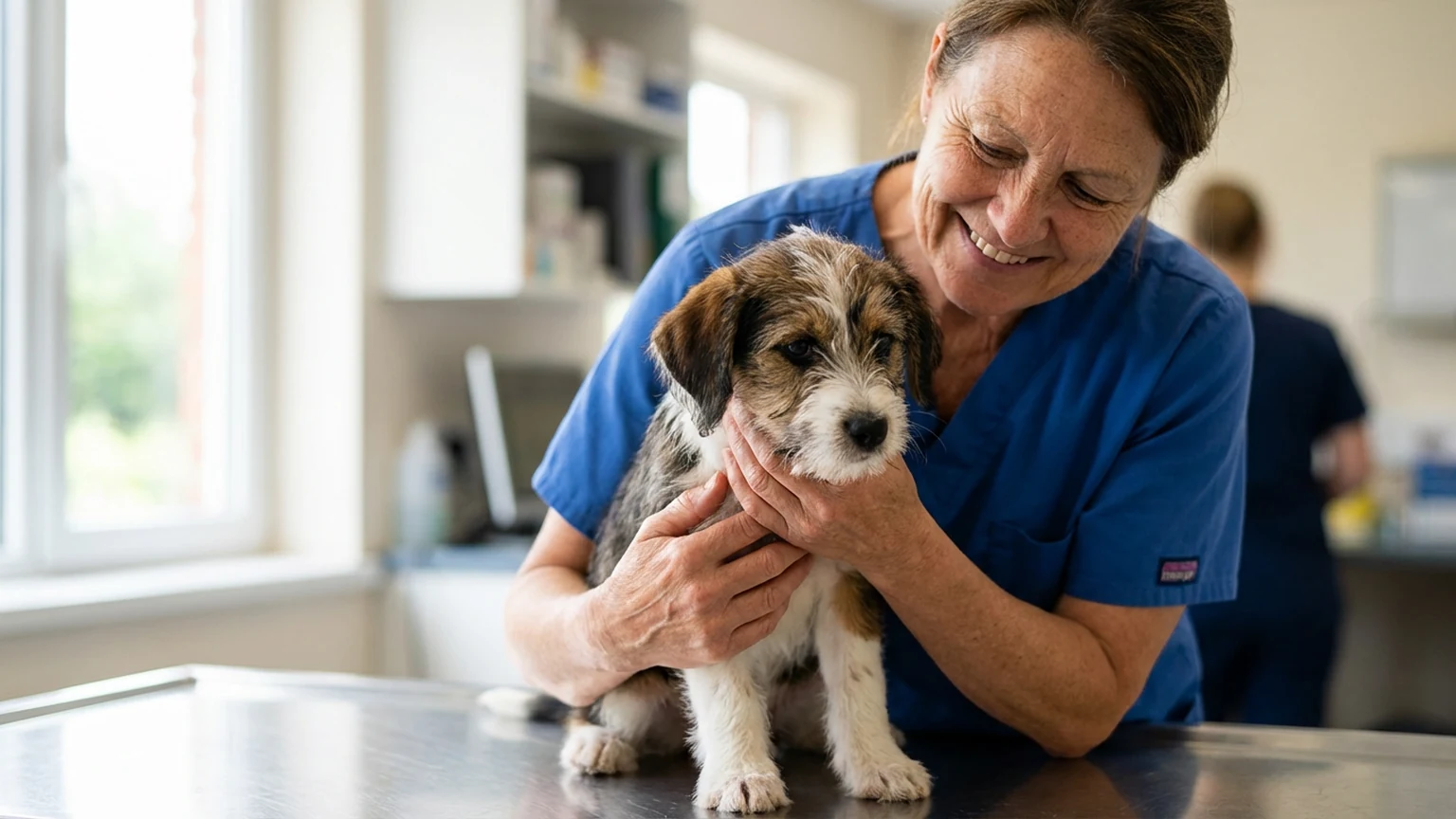 New pet owner holding a puppy in a veterinary clinic waiting room