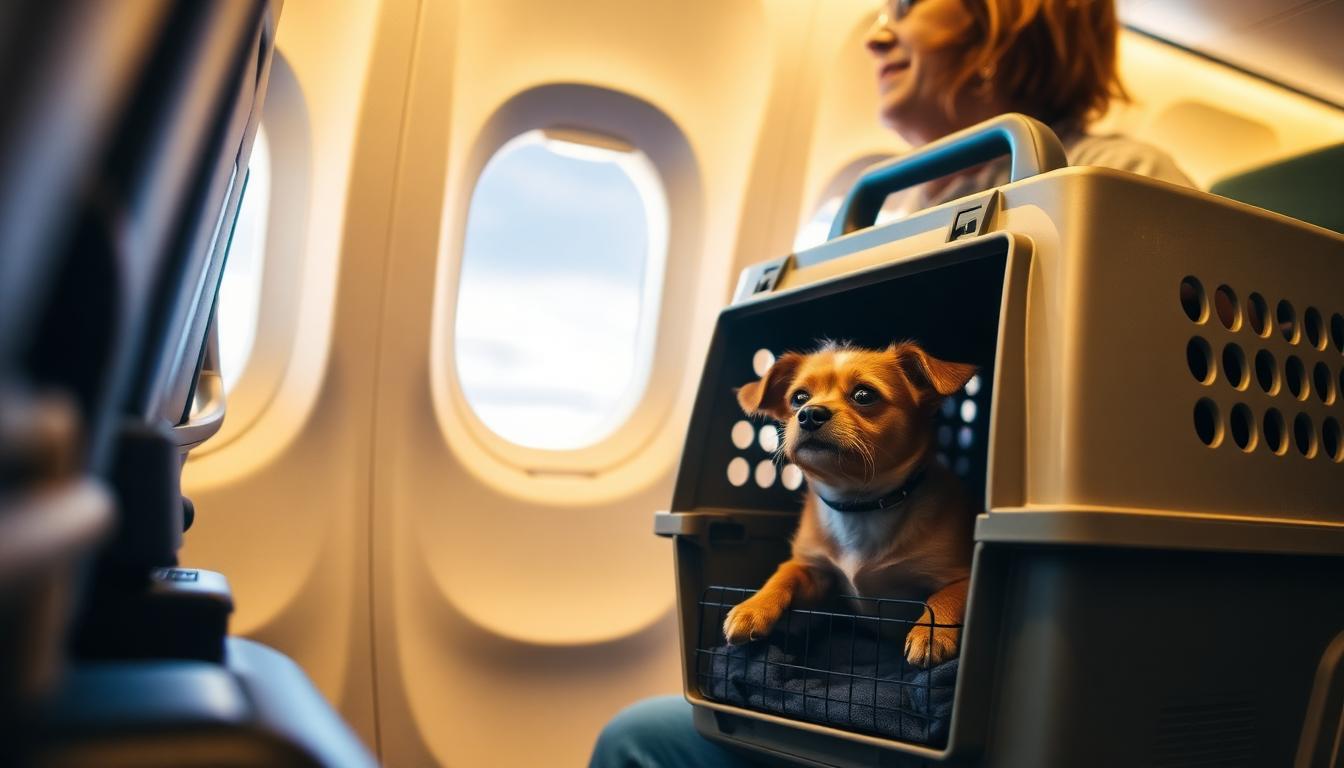 Small dog in an airline-approved carrier inside an airplane cabin