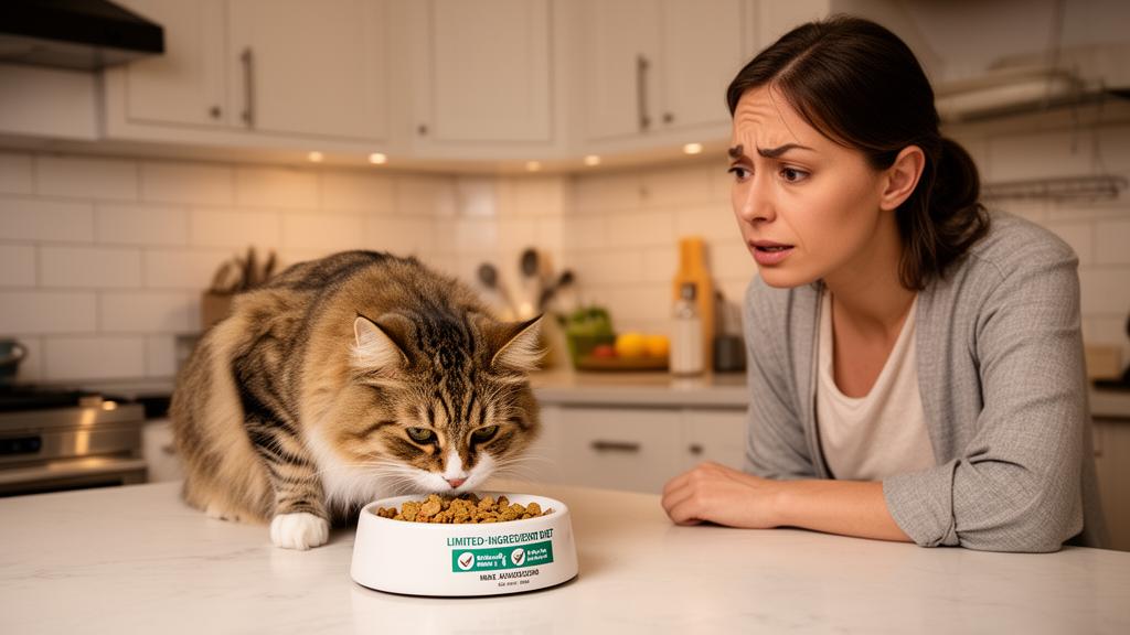 Cat eating from a limited-ingredient diet bowl with a concerned owner nearby
