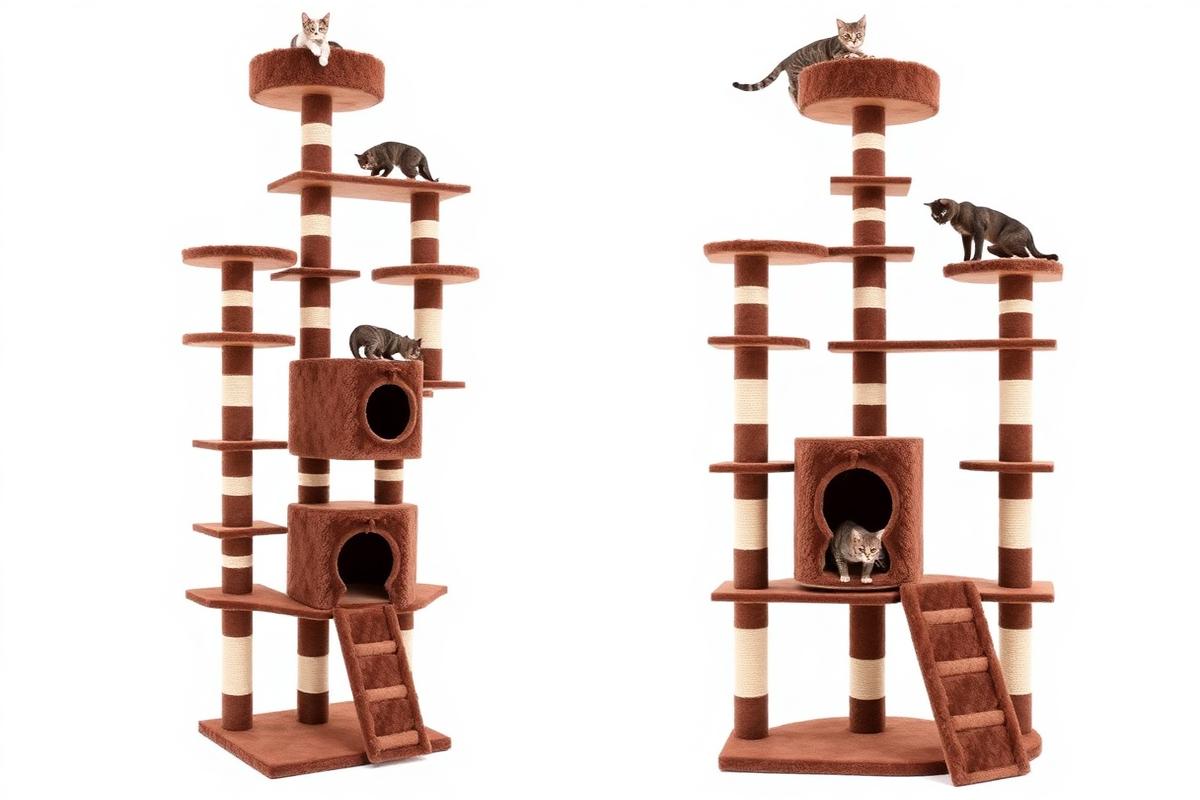 Frisco 72-in Faux Fur Cat Tree & Condo in brown with multiple perches and condos