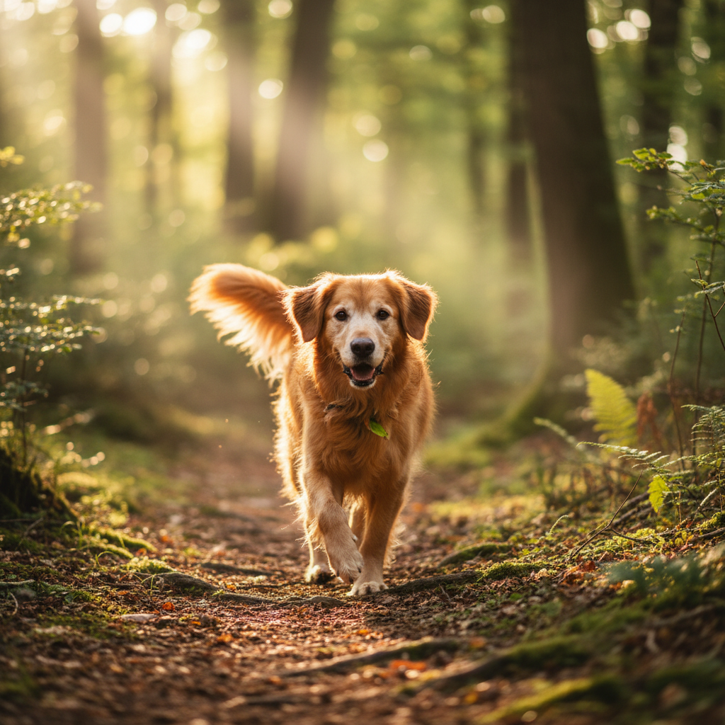 Vibrant senior dog playing joyfully in a park at golden hour