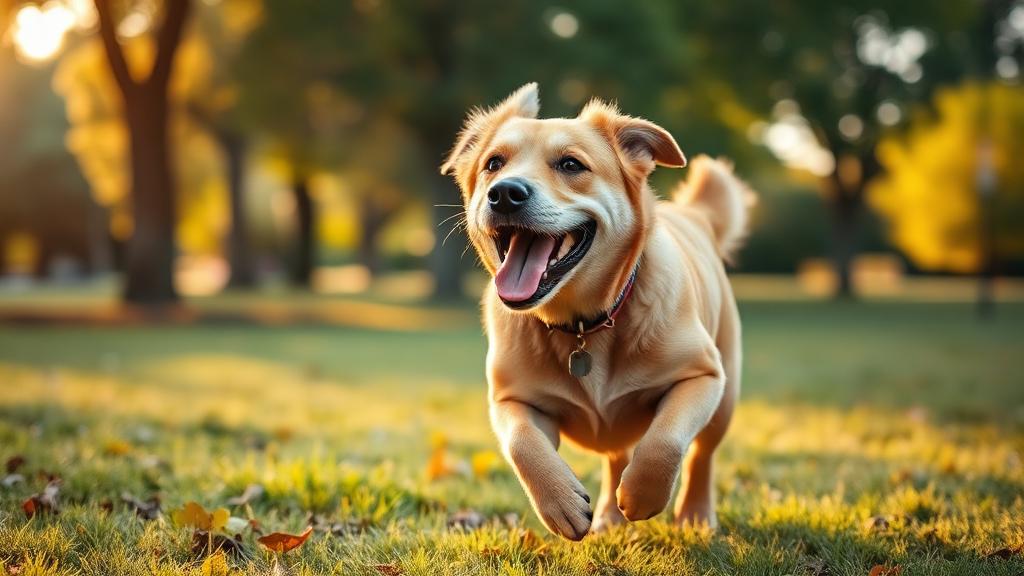 Vibrant senior dog playing joyfully in a park at golden hour