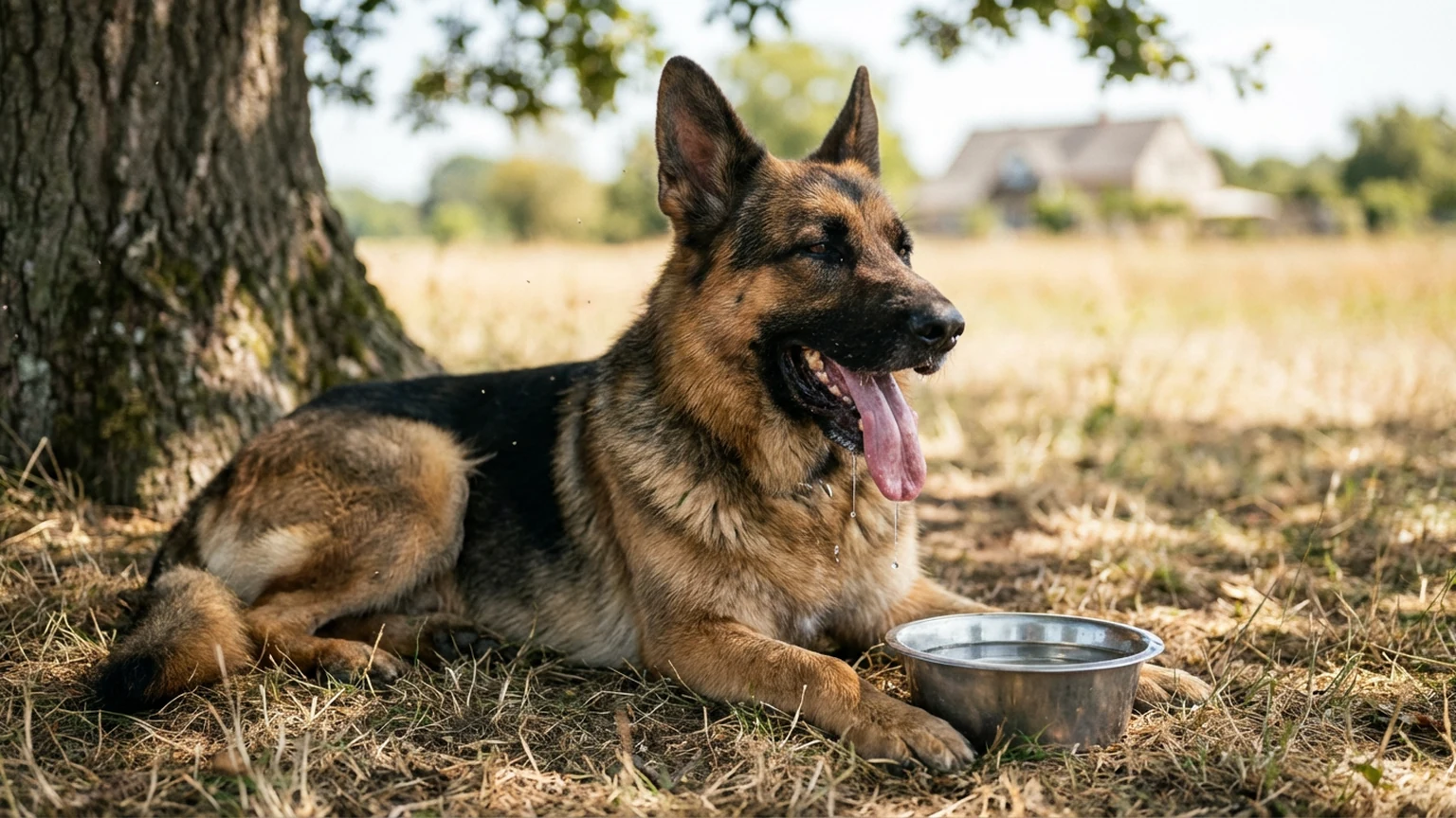 Husky lying in shade under a tree on a hot summer day