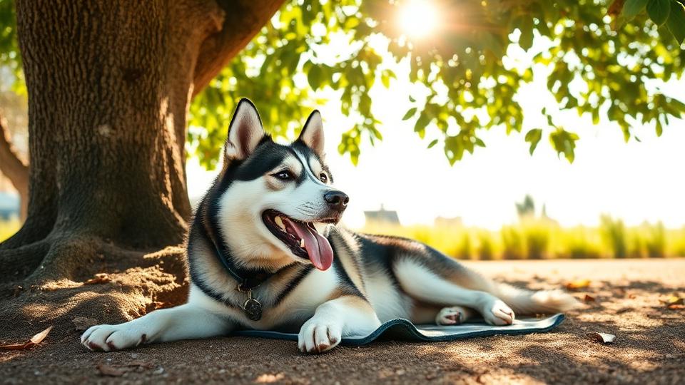 Husky lying in shade under a tree on a hot summer day