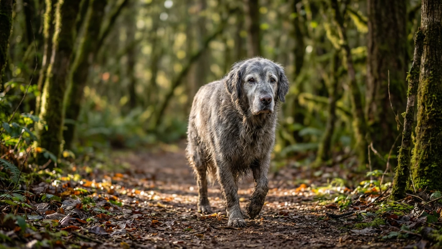 German shepherd walking with its owner at golden hour