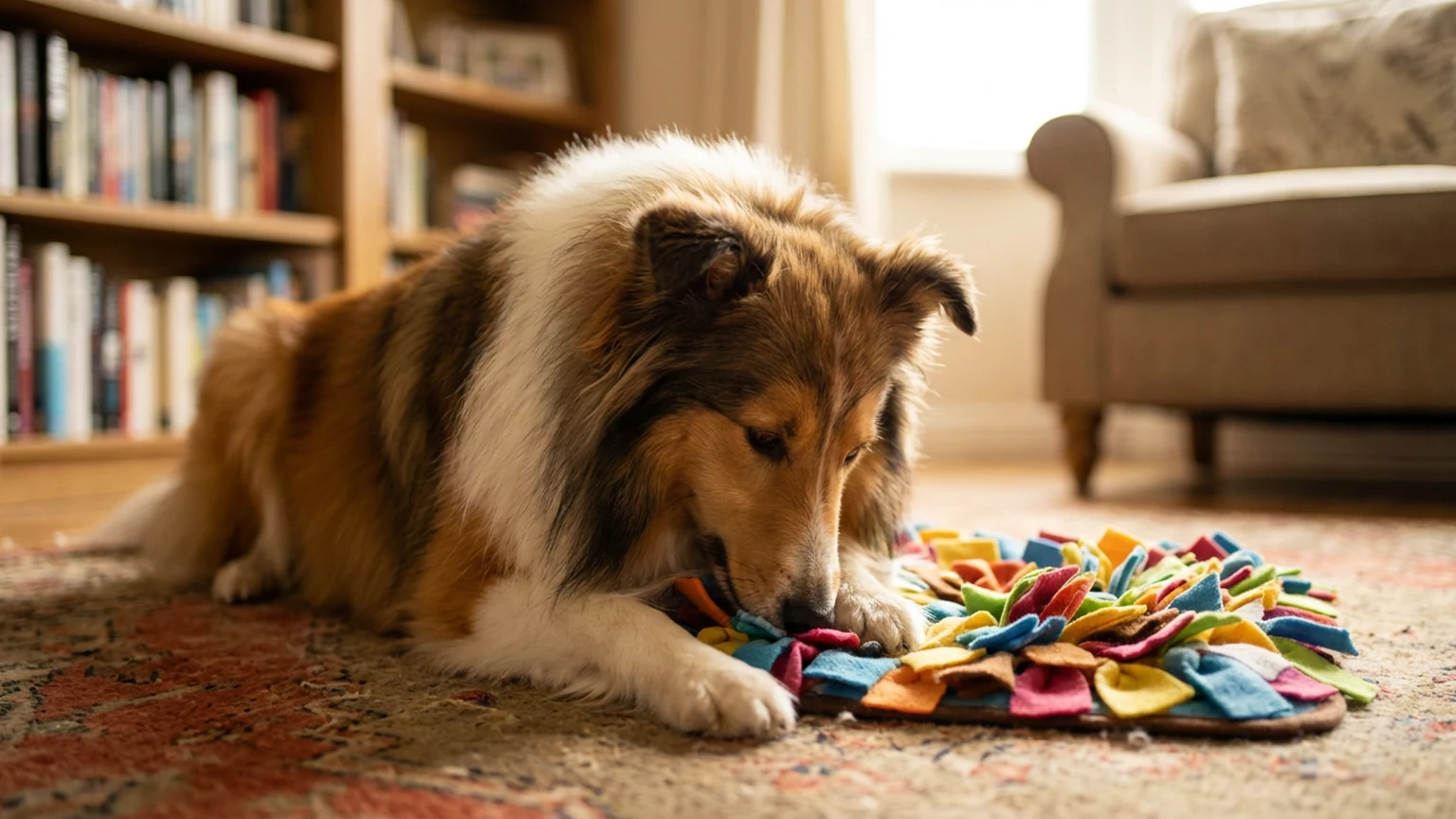 Australian shepherd playing with a puzzle toy indoors