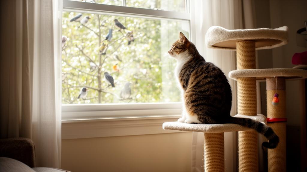 Cat looking through a window at birds while sitting on an indoor cat tree