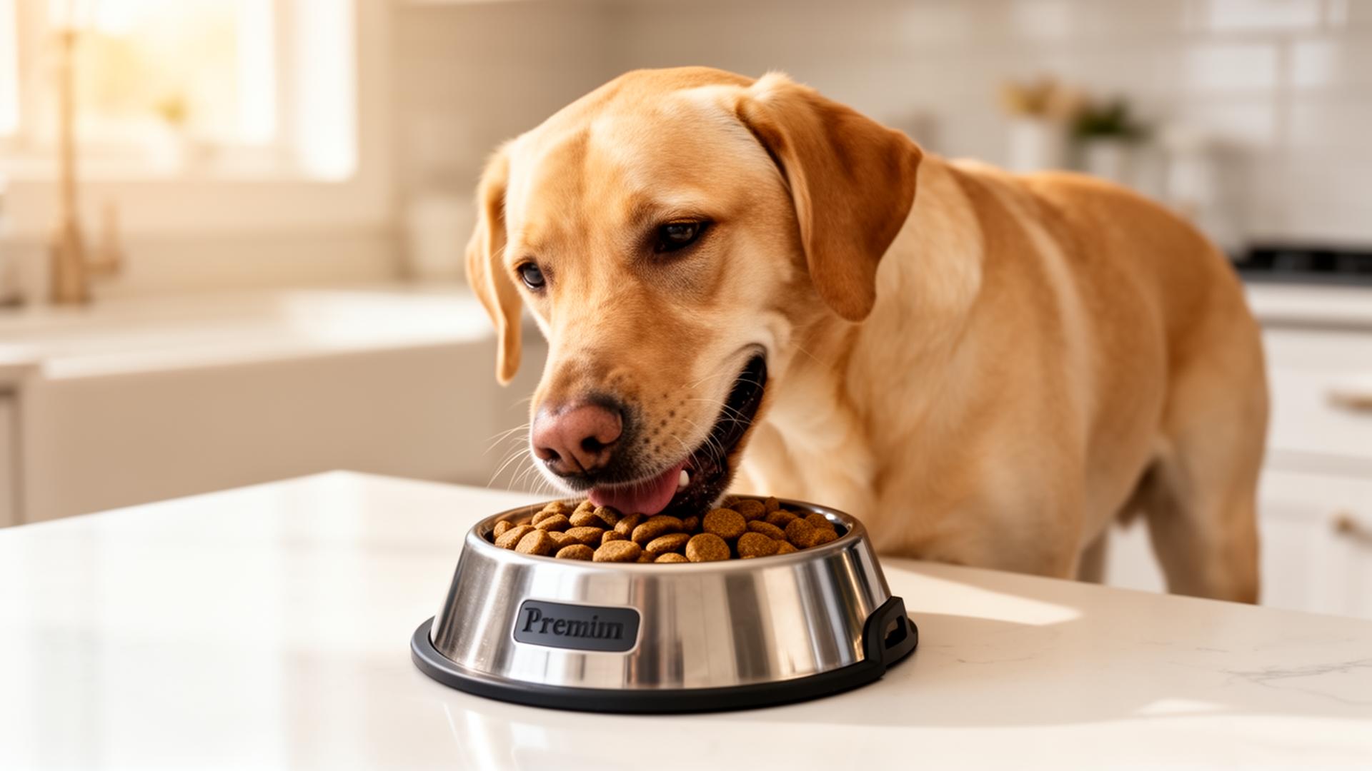Labrador eating from a premium dog bowl