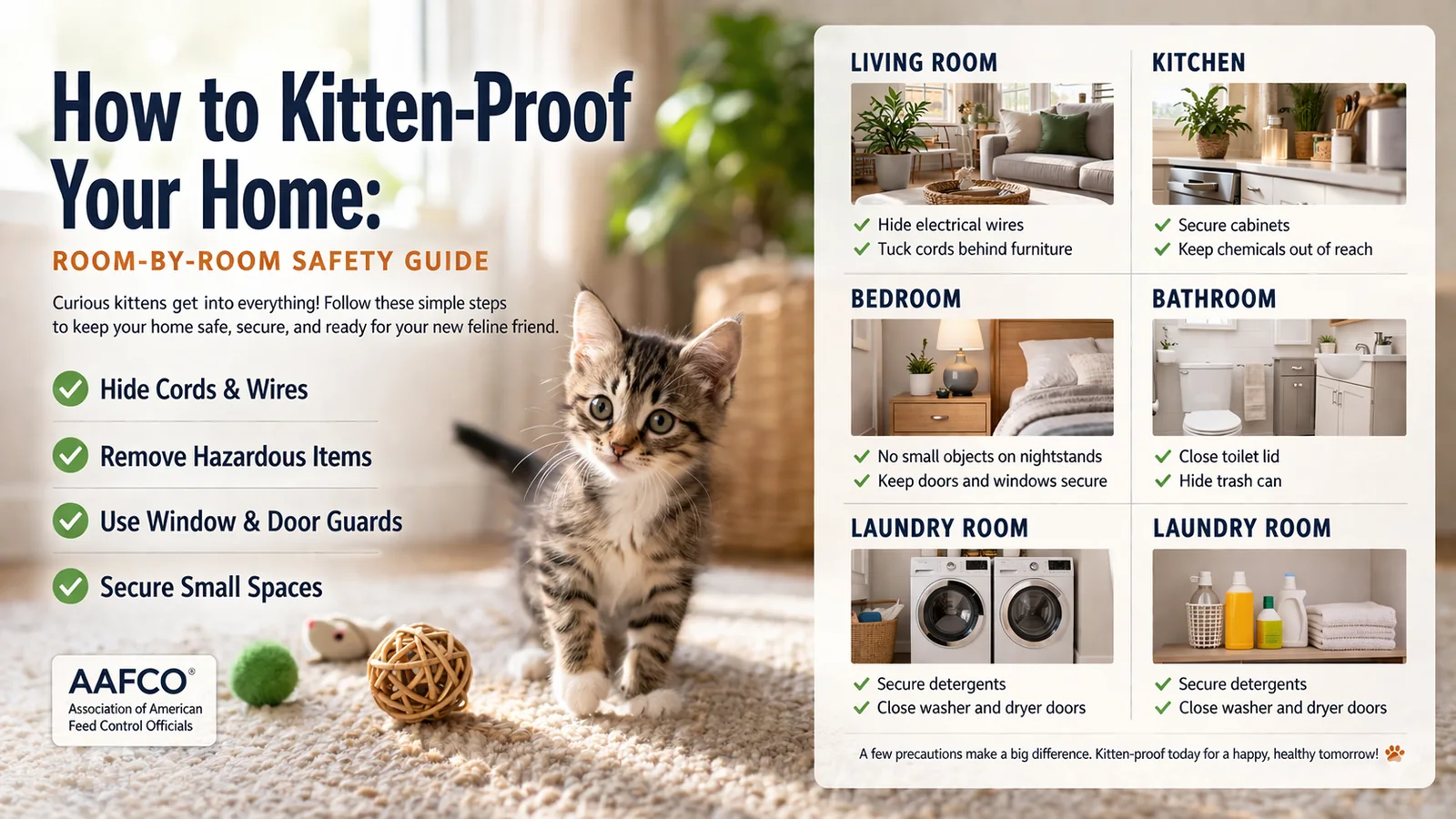 Curious kitten exploring a safely prepared living room with secured cords