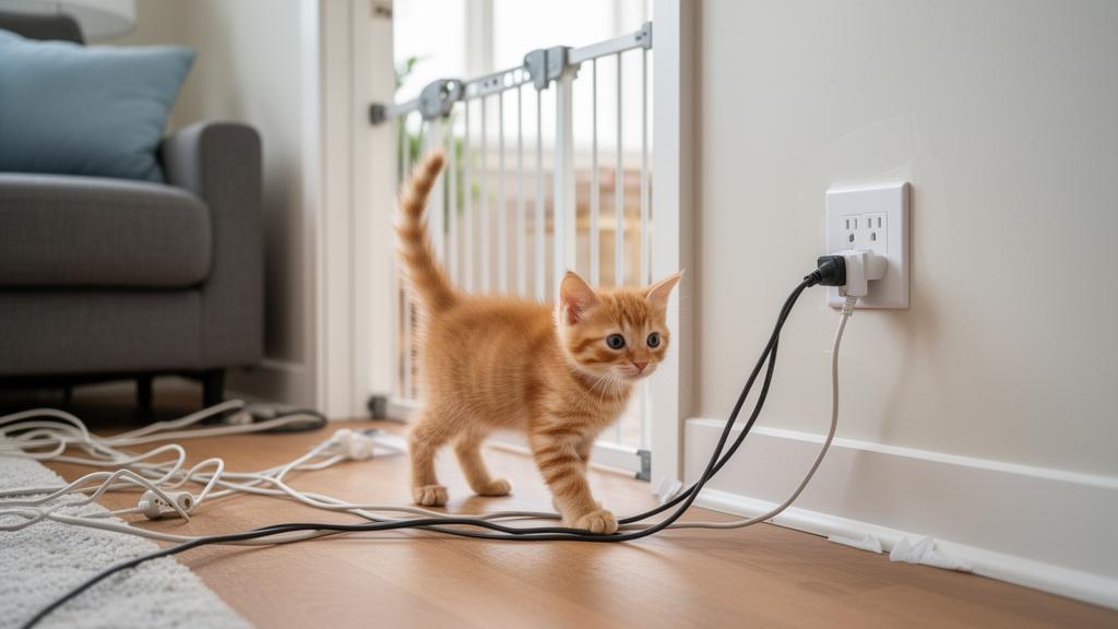 Curious kitten exploring a safely prepared living room with secured cords