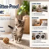 Curious kitten exploring a safely prepared living room with secured cords