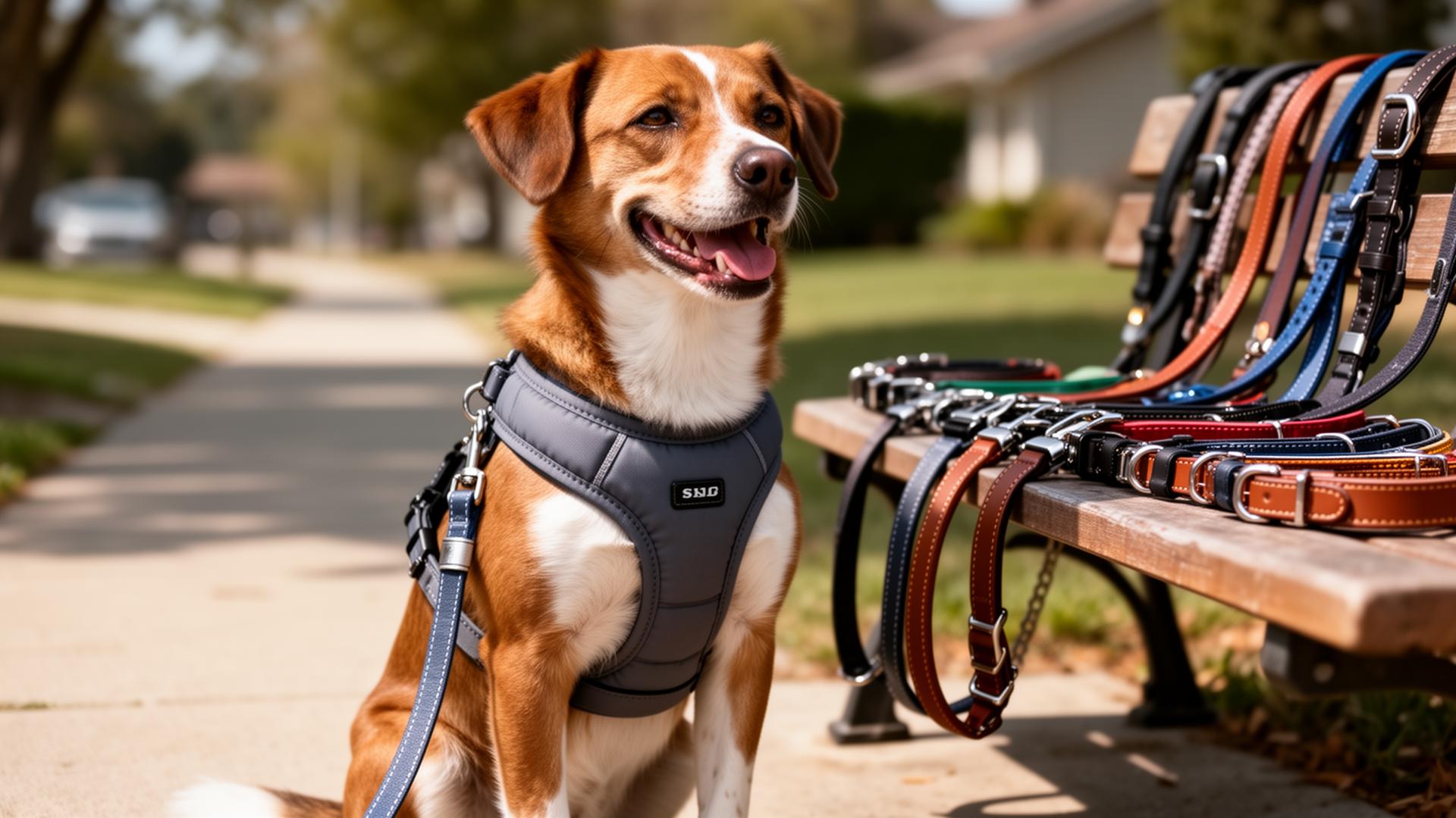 Colorful dog leashes, collars, and harnesses with a happy dog wearing a harness
